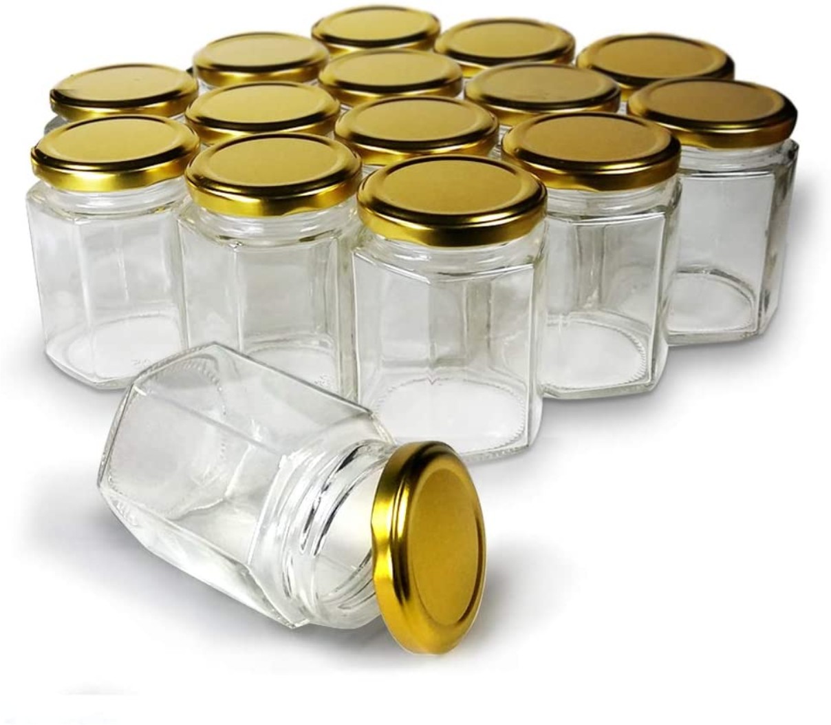 Glassworld Hexagon Shape Glass Jar Storage Container With Golden Lids For Kitchen Glass 3786